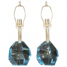 Pair of petite aqua faceted Murano glass lamps
